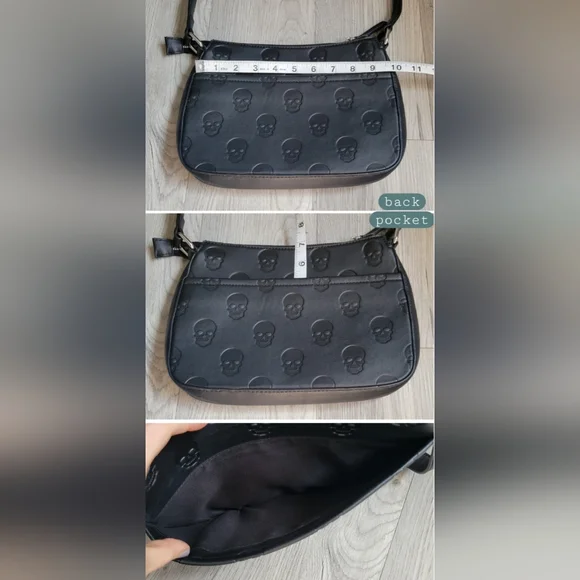 Mad Engine Monogram Skull Embossed Black Shoulder Zippered Bag, 19" - Picture 15 of 16